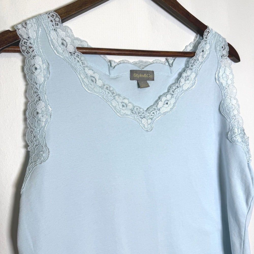 Style&Co Womens Light Blue Lace Trim V-Neck Cotton Tank Top Large FA24